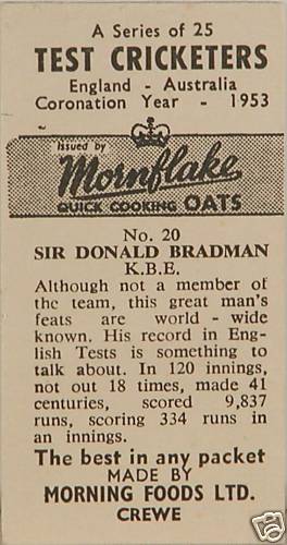 Morning Foods Bradman Card 1953 back