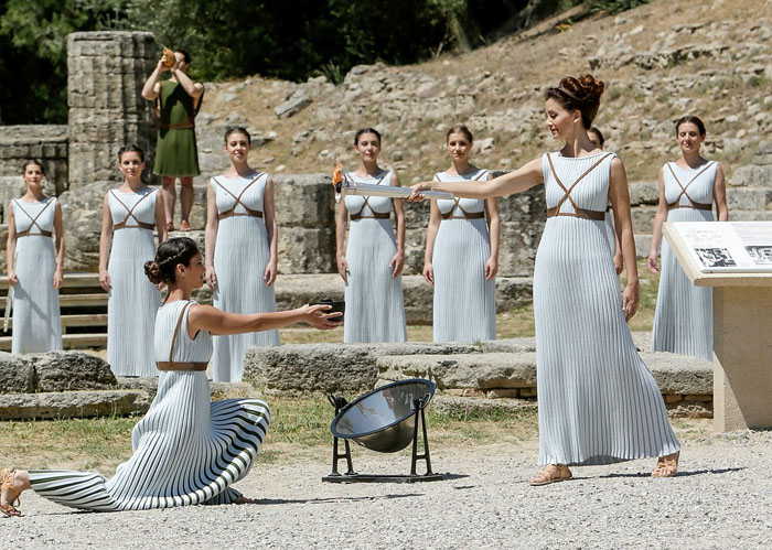 The Olympic flame lighting ceremony at Olympia, Greece