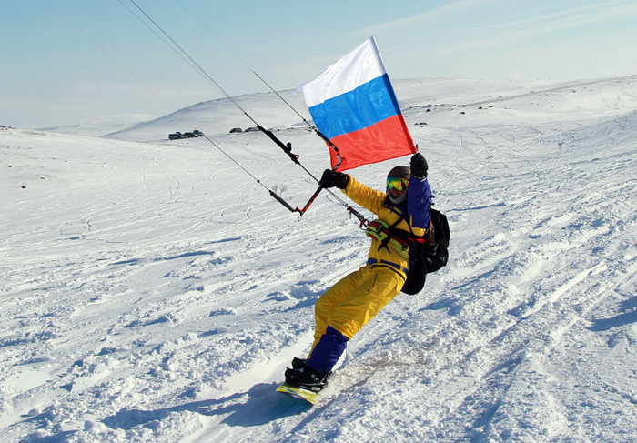 Kite surfer flying the Russian flag