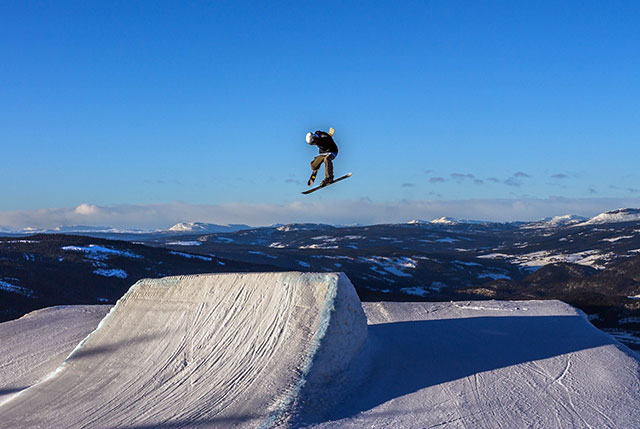 skiier on a slopestyle course