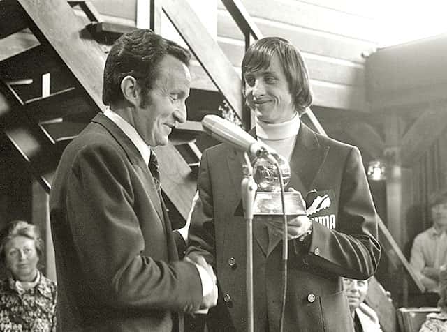 Johan Cruyff being presented with one of his three Ballon d'Or awards