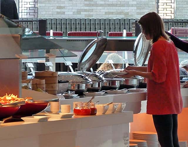 Clare Wood Dietitian at the buffet counter