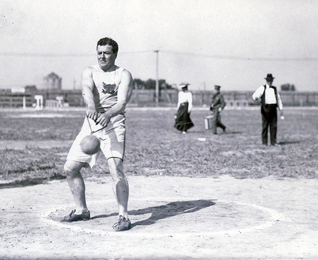 John Flannigan of the Greater New York Irish Athletic Association performing the 56 pound hammer throw at the 1904 Olympics