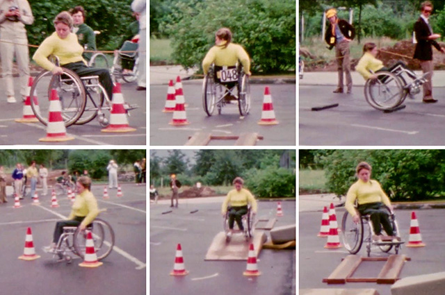 Cherrie Ireland from Australia participating in the women’s Class 3 wheelchair slalom event at the 1972 Paralympics in Heidelberg, West Germany