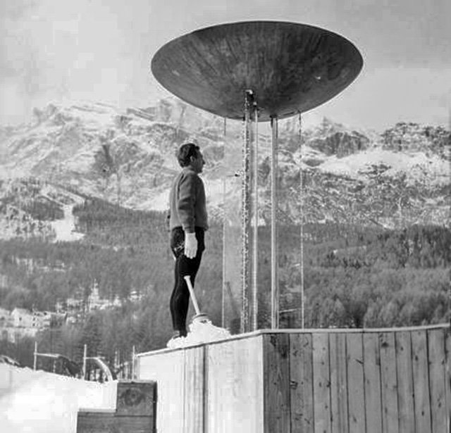 Guido Caroli lights the Olympic brazier in Cortina 1956