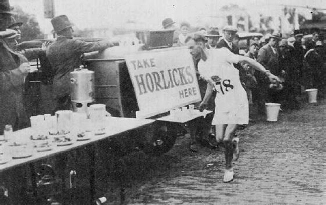 Horlicks hydration station during the marathon event at the 1928 Olympic Games