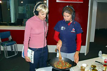 Clare on the radio demonstrating a recipe
