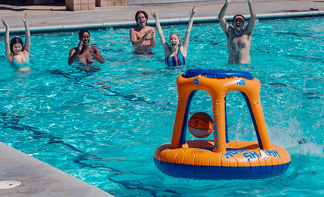 a version of water basketball played with a floating basket