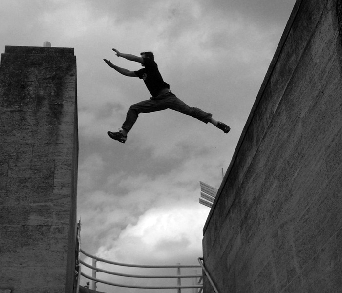 Parkour involves skillful gymnastics type movements over, under and through city buildings