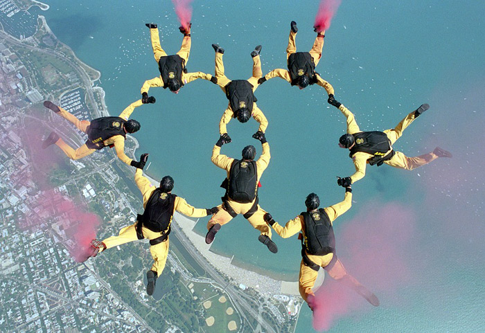 skydivers in formation