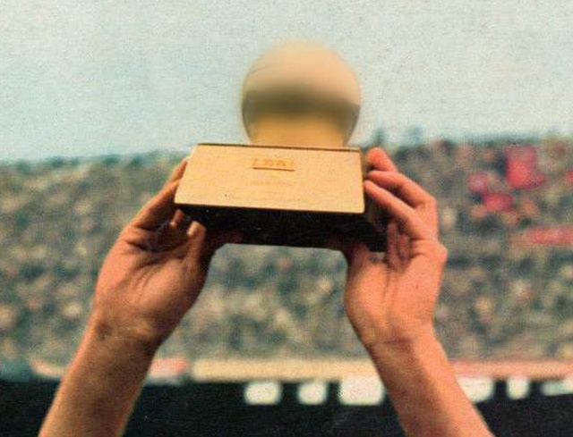the Ballon d'Or trophy being held aloft