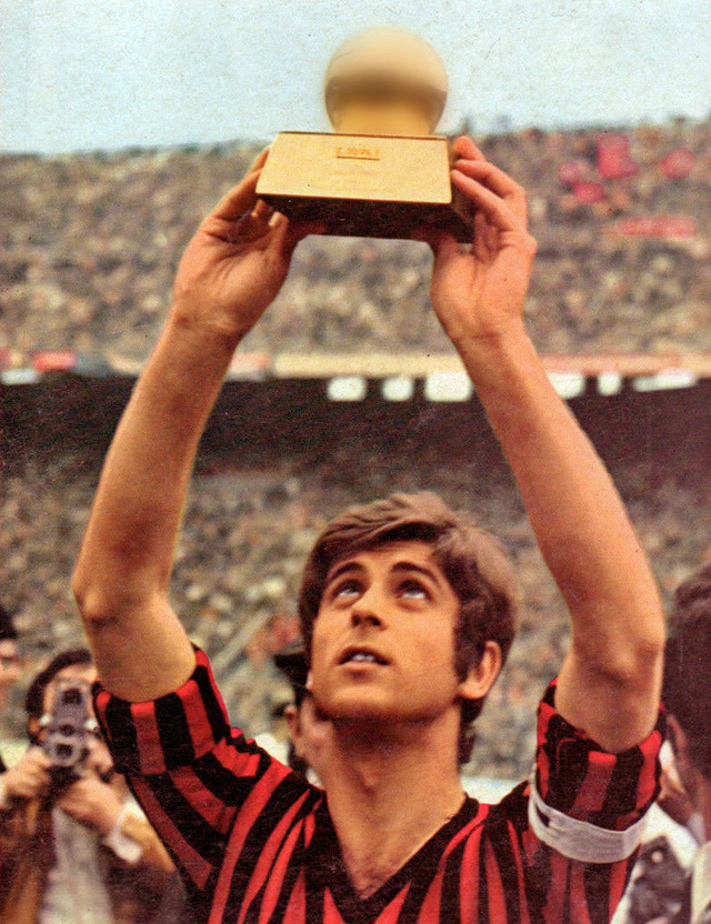 Gianni Rivera holding aloft the ballon d'or of 1969