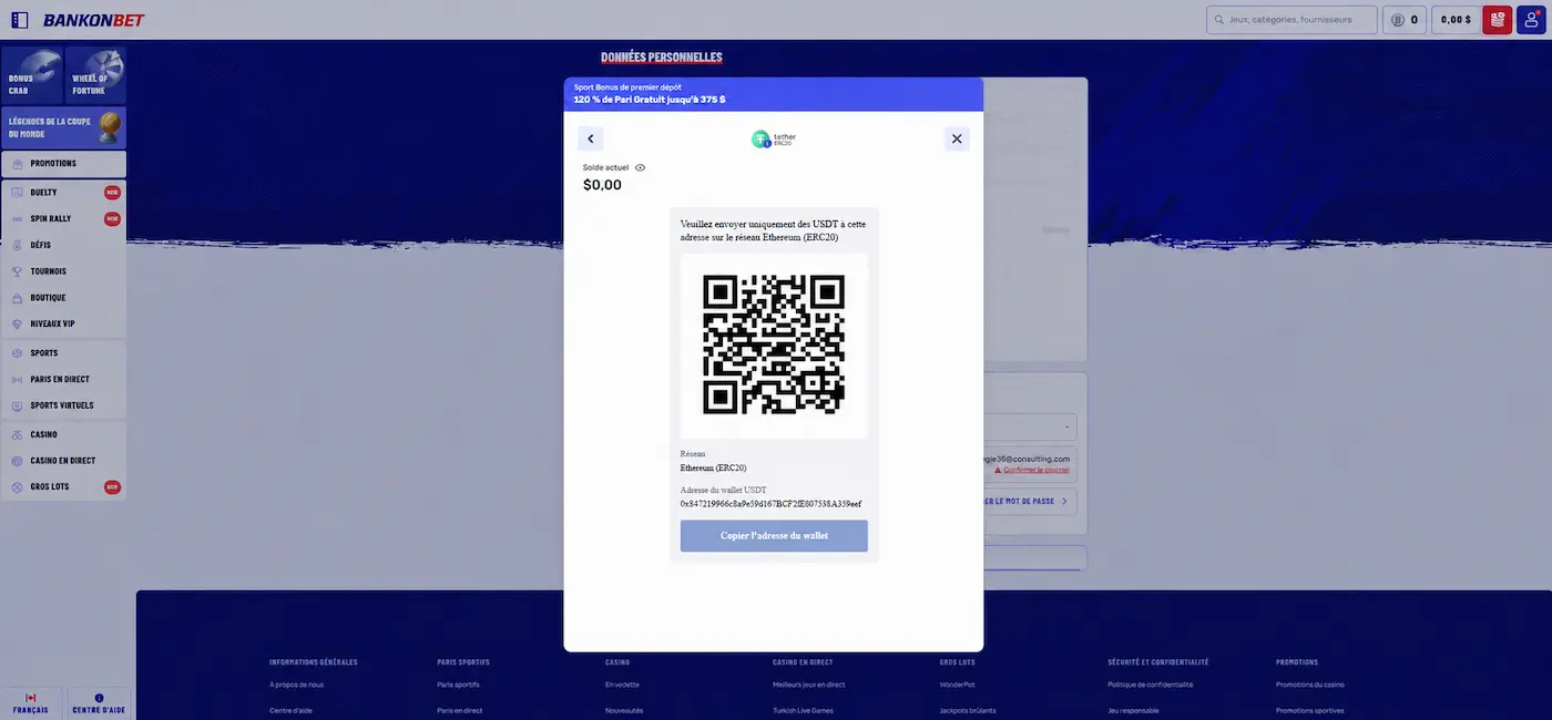 Fenêtre de dépôt Tether USDT sur Bankonbet Sport avec QR code, adresse du portefeuille USDT.