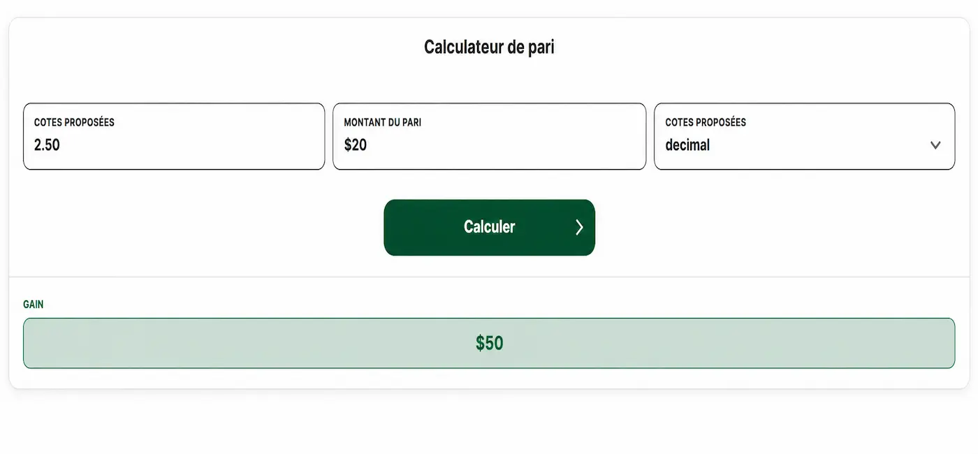 Calculateur de cotes de paris sportifs affichant une cote décimale de 2.50, une mise de 20 $, le format de cotes décimales et un gain estimé de 50 $.