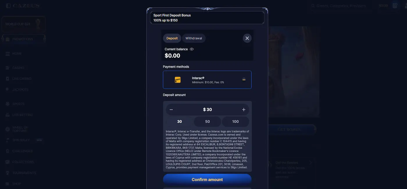 Activation du bonus de bienvenue sur Cazeus Sport