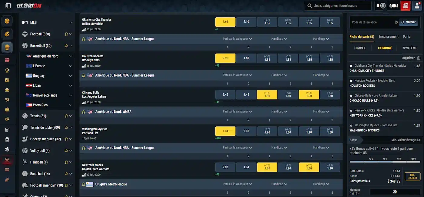 Combiné de 5 sélections de basketball sur Glorion 