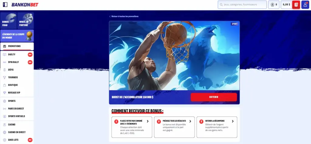 Page des promotions sportives de BankonBet présentant un bonus d'accumulateur