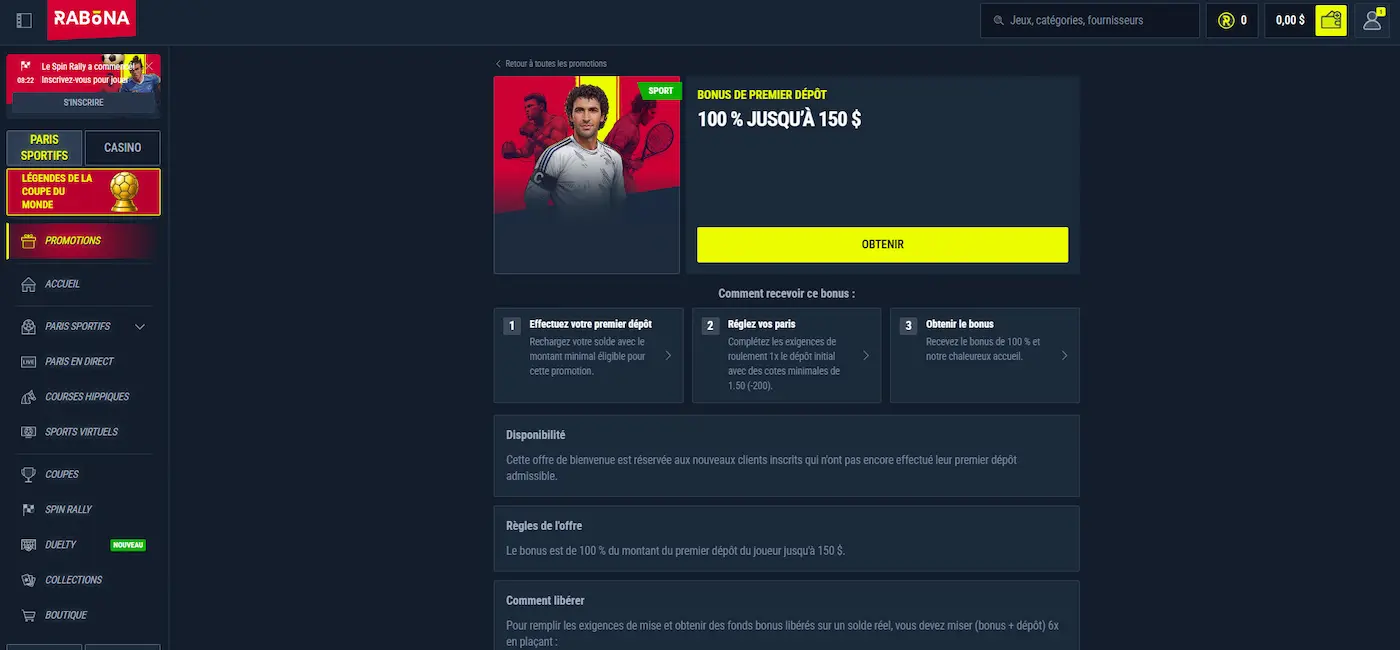 Page Promotions de Rabona présentant le bonus de premier dépôt sportif de 100 % jusqu’à 150 $, avec un joueur de tennis en illustration, un bouton « Obtenir », les trois étapes pour recevoir l’offre et les principales conditions de disponibilité et de mise.