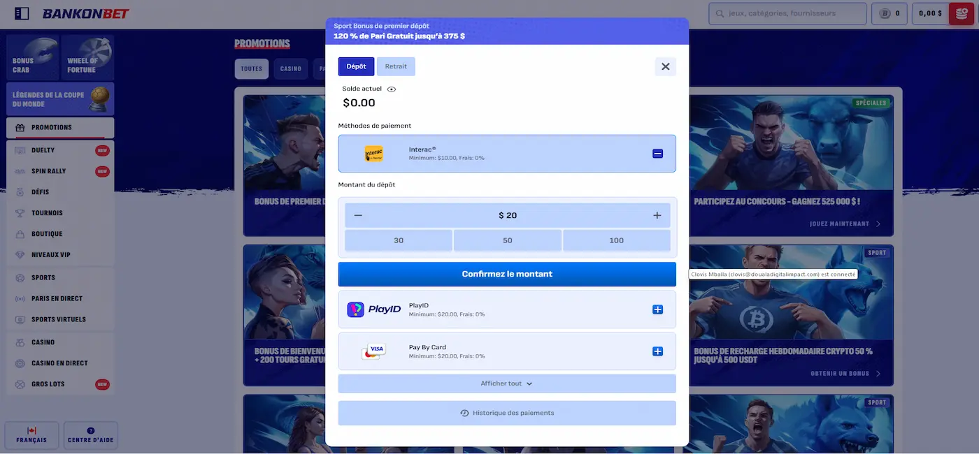 Fenêtre de dépôt de Bankonbet, avec Interac sélectionné, un solde actuel de 0,00 $ et un montant de dépôt de 20 $, ainsi que les options PlayID et carte Visa.