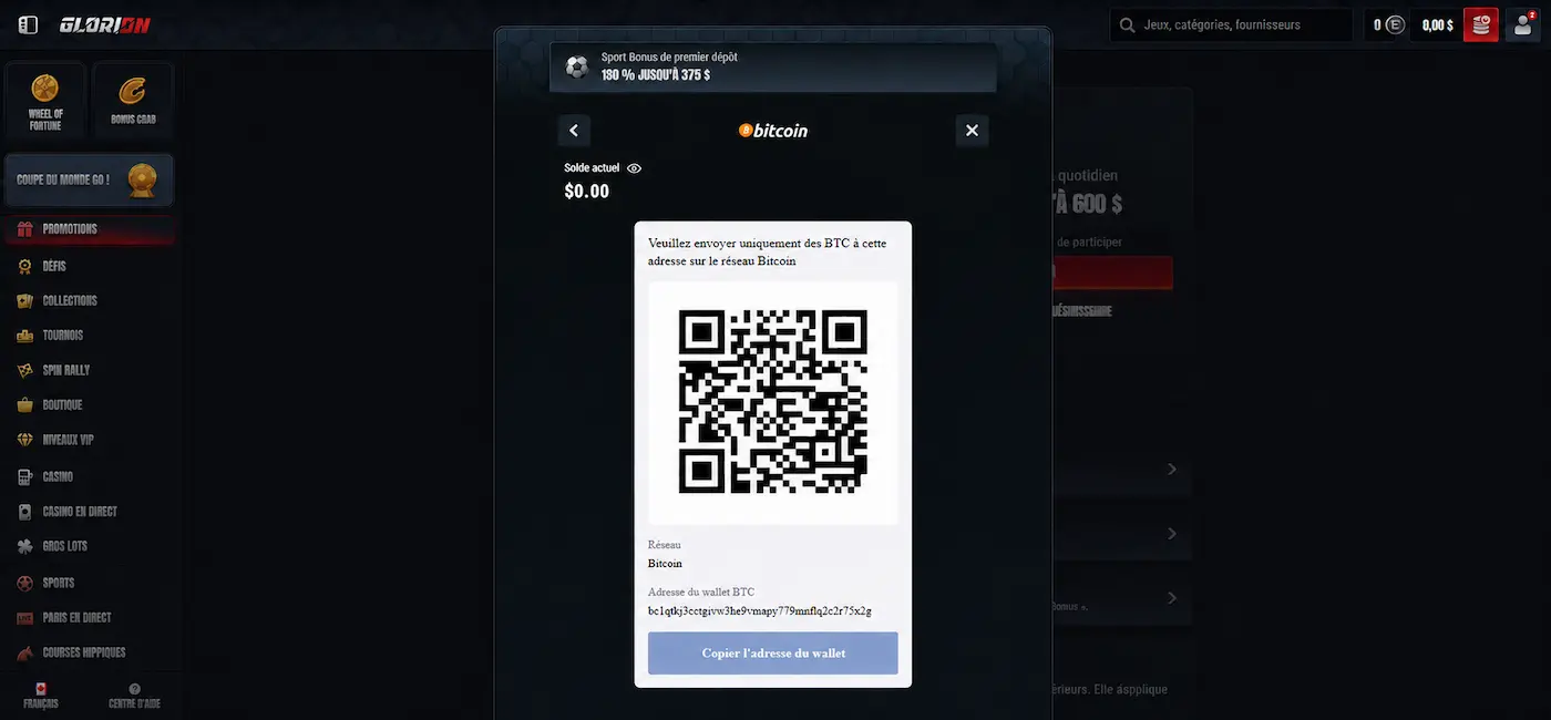 Fenêtre de dépôt Bitcoin sur Glorion Sport avec QR code, adresse du portefeuille BTC et solde à 0,00 $.