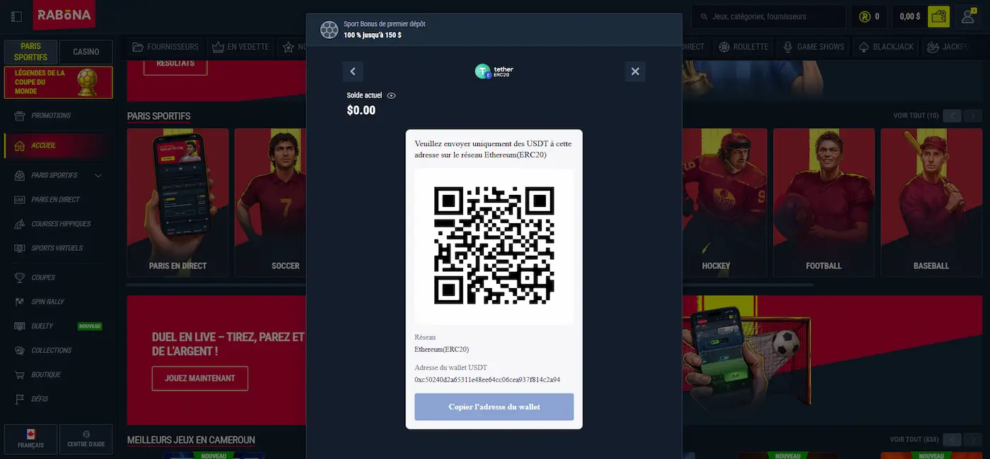 Fenêtre de dépôt Tether USDT sur Rabona Sport avec QR code, adresse du portefeuille USDT.