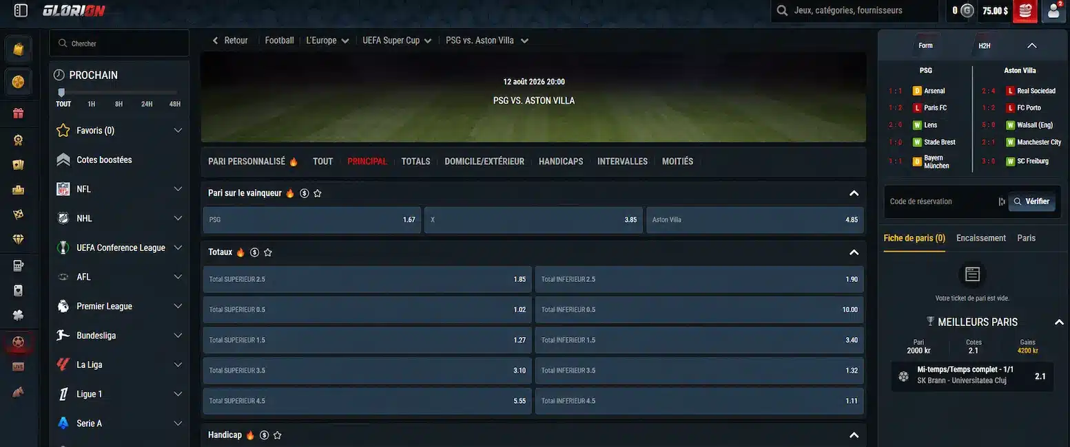 Interface de paris sportifs Glorion affichant les cotes du match PSG vs Aston Villa, un solde de 75,00 $, les marchés de paris et le coupon de pari.