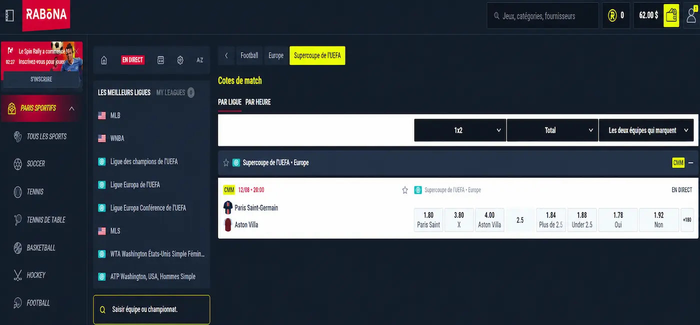 Interface du bookmaker Rabona affichant les cotes du match PSG vs Aston Villa, un compte connecté avec un solde de 62,00 $ et plusieurs marchés de paris sportifs.