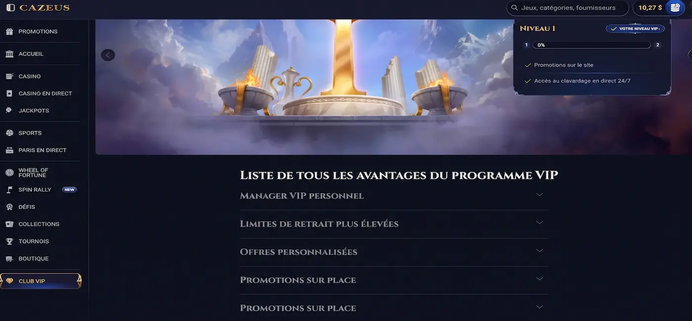 page du programme VIP de Cazeus - niveau 1 - différents avantages vip