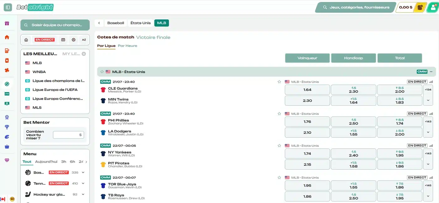 Interface Betalright affichant des matchs de MLB et leurs cotes de paris sportifs