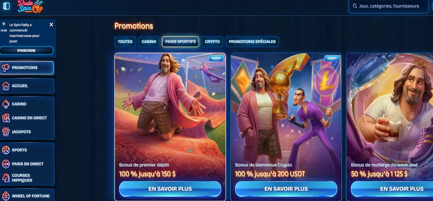 Page des bonus sur dudespin (bonus premier dépôt, bonus de bienvenue crypto, bonus de recharge du weekend)
