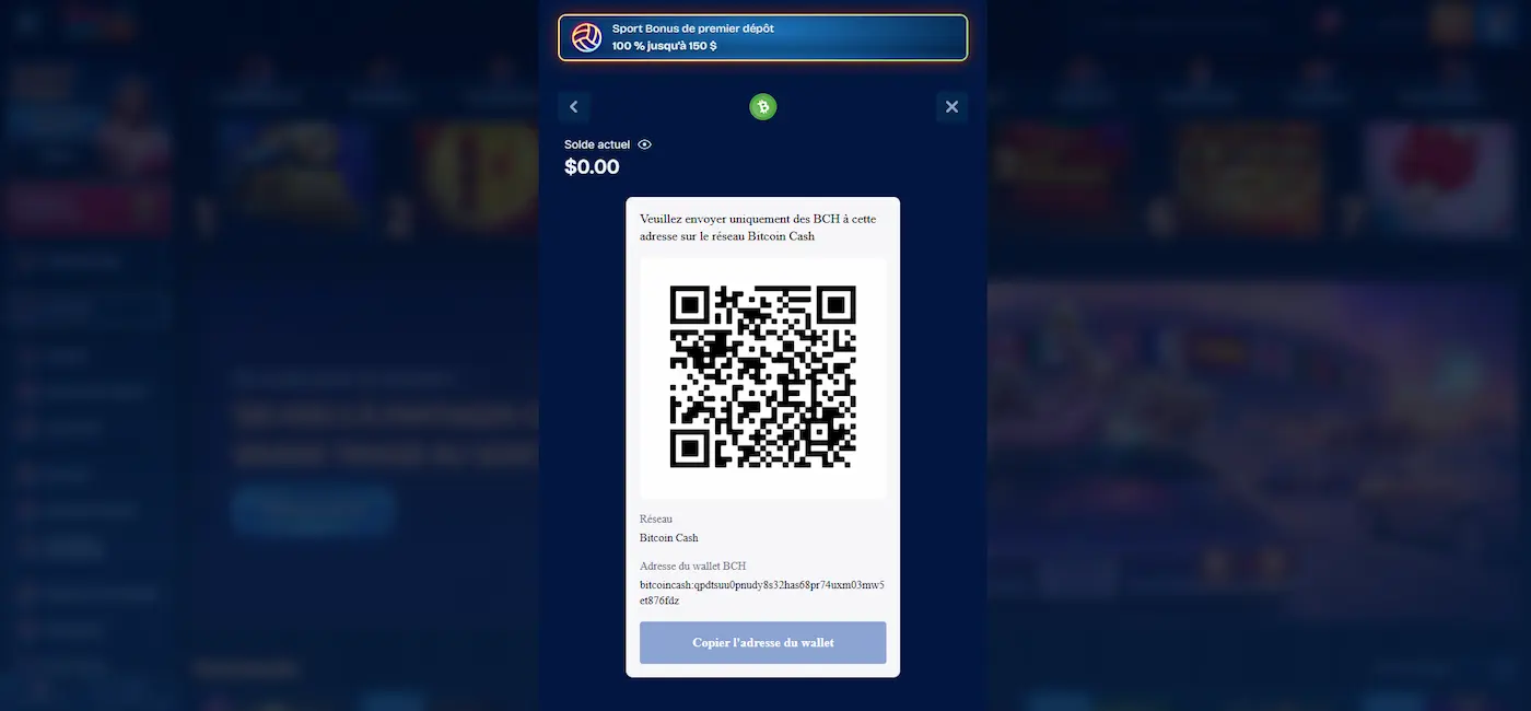 Fenêtre de dépôt Bitcoin Cash sur Dudespin Sport avec QR code, adresse du portefeuille BCH.