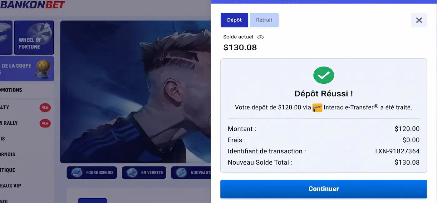 une notification numérique affichant un dépôt réussi de 120,00 $ via Virement Interac, avec un nouveau solde total de 130,08 $.