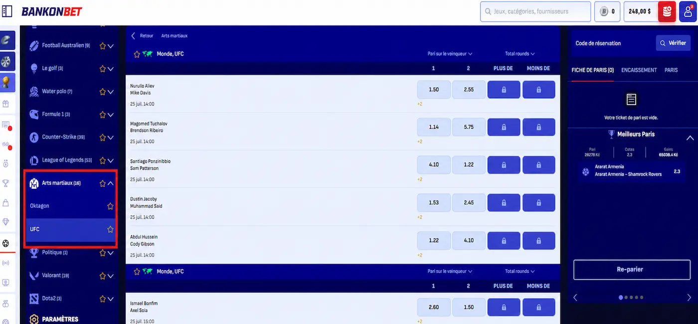 Capture d'écran d'une page Bankonbet montrant l'onglet UFC et les évènements disponibles