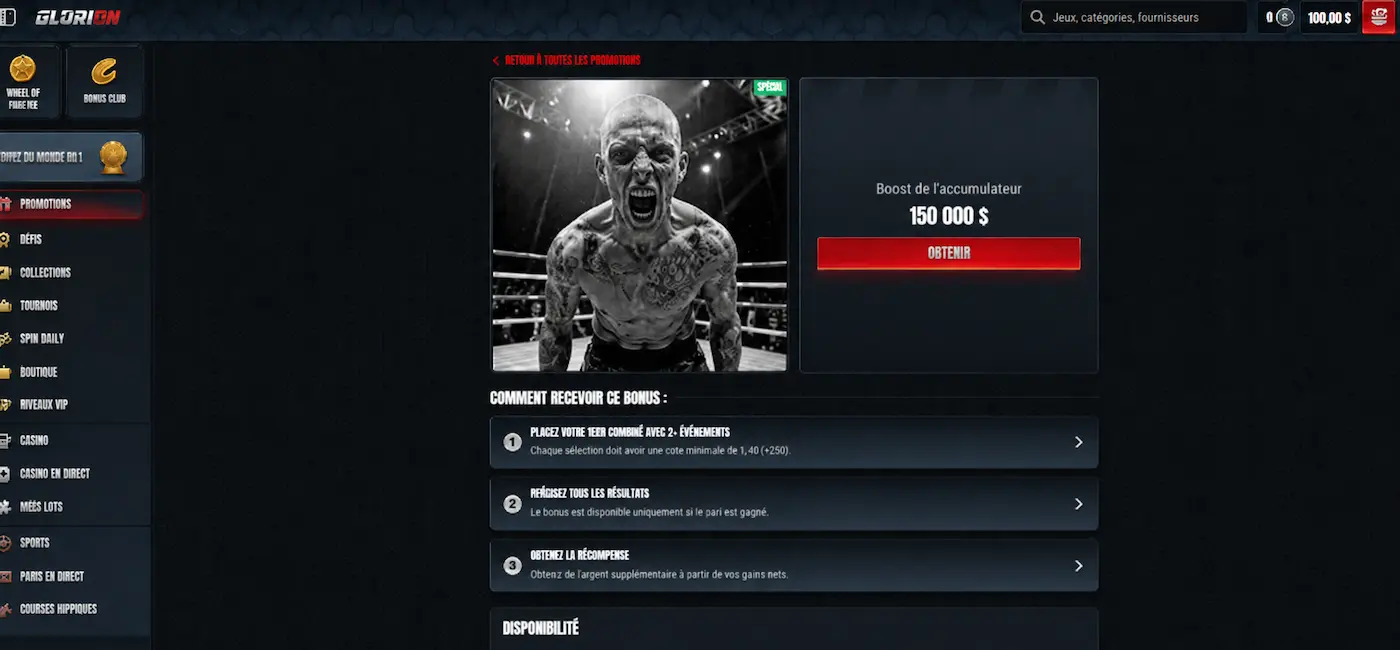 Image montrant l'interface de Glorion sur la page bonus boost de l'accumulateur