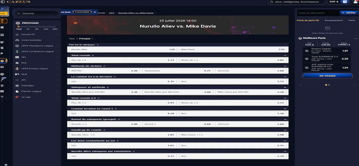 Capture d'écran montrant la liste de marchés sur un évènement UFC du bookmaker Cazeus