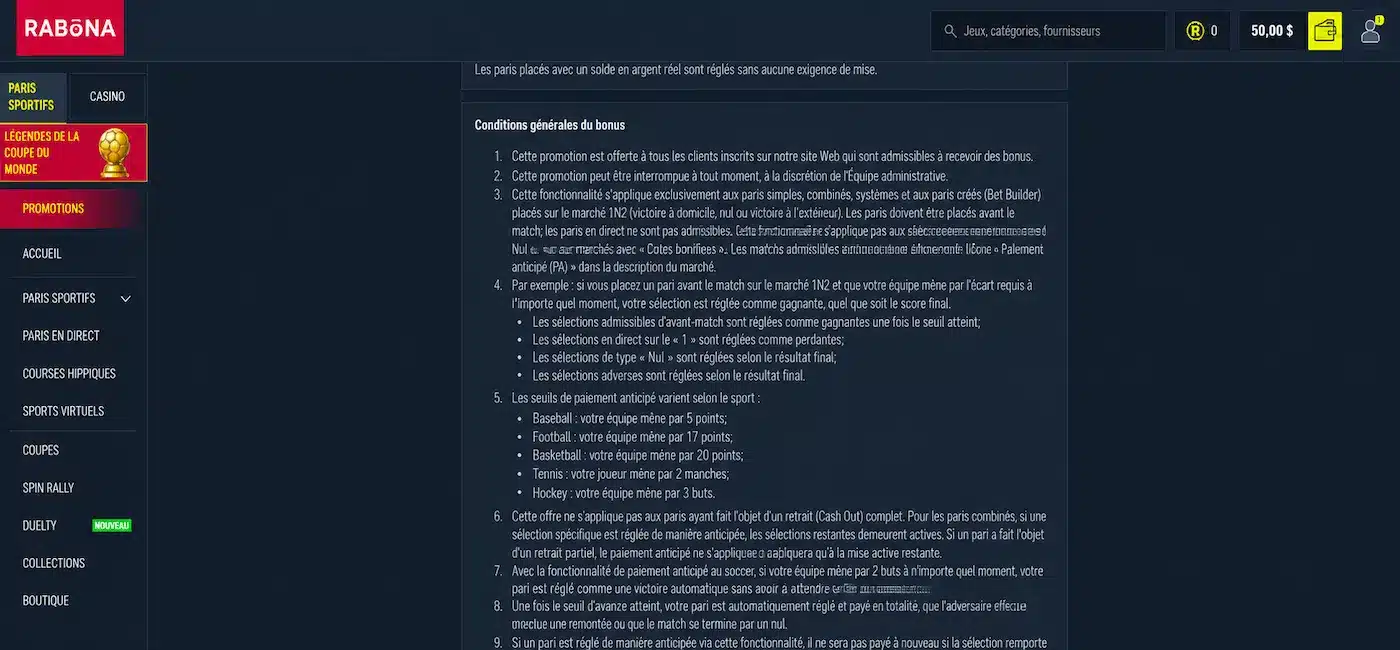Capture d'écran des conditions générales de la promotion paiement anticipé NFL sur Rabona Sport