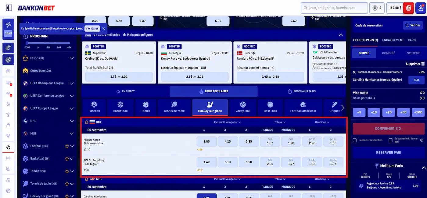 Capture d'écran Bankonbet Sports montrant des matchs de KHL