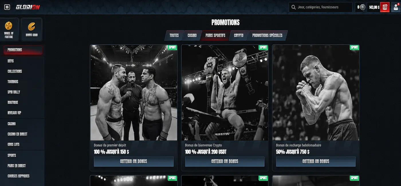 Capture d'écran des bonus et promotions de Glorion Sport