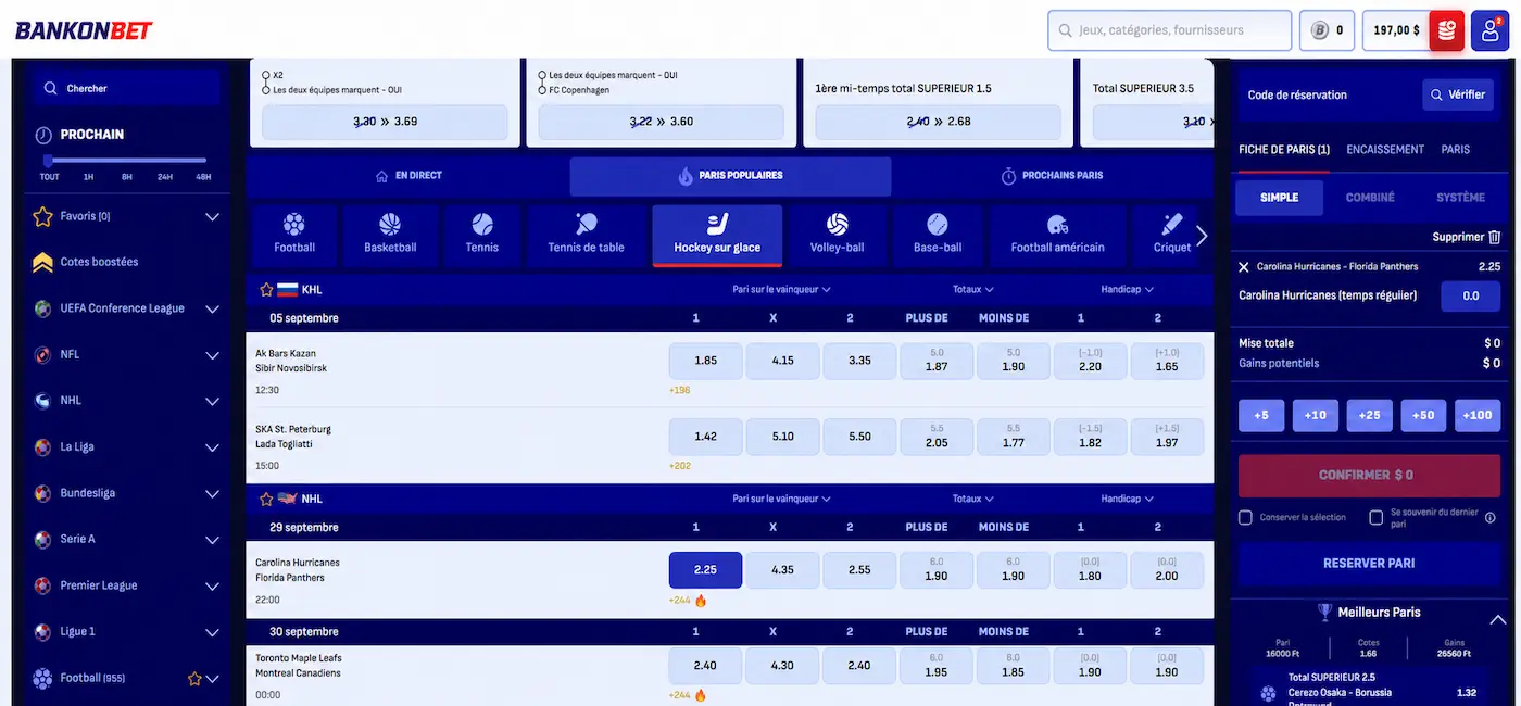 Capture d'écran montrant les marchés Hockey sur glace sur Bankonbet Sports