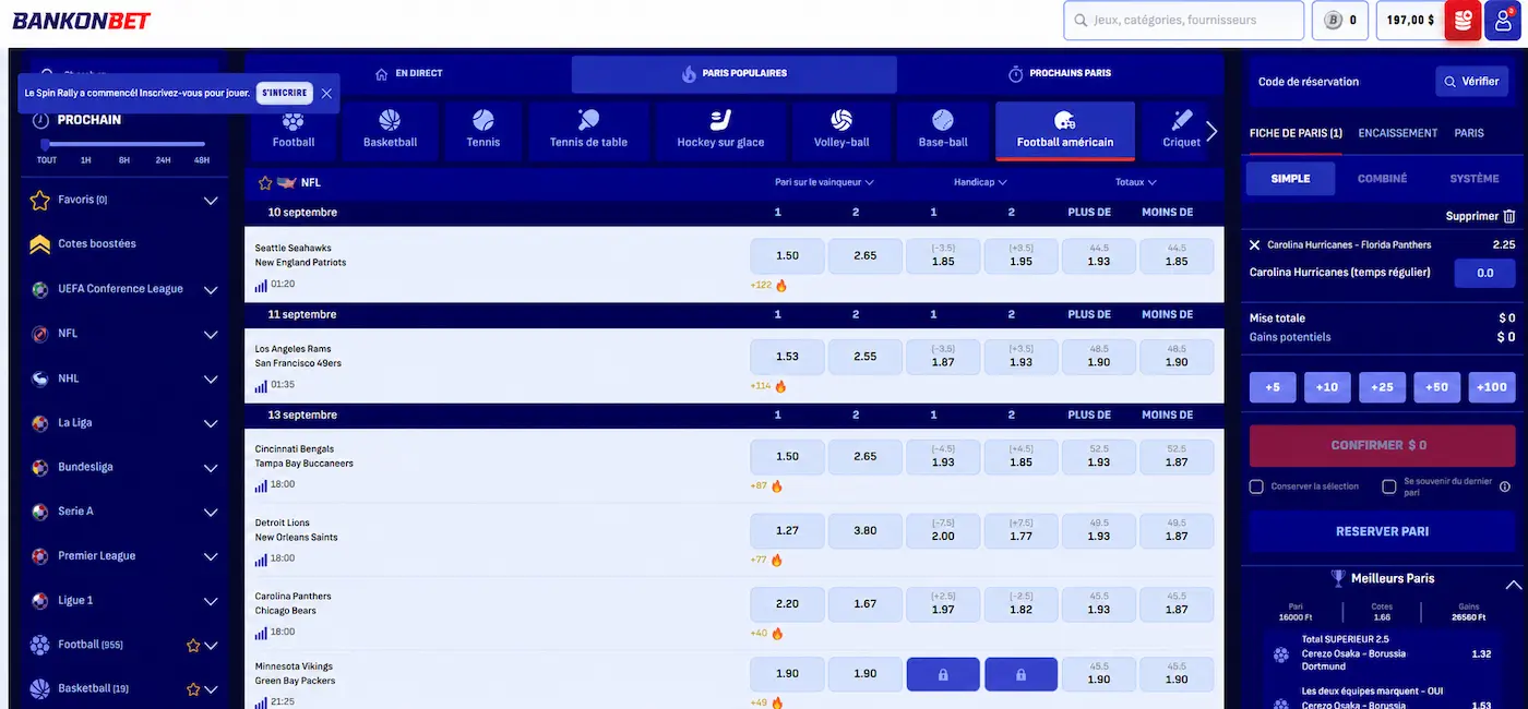 Capture d'écran du site Bankonbet Sports qui affichle les matchs de NFL