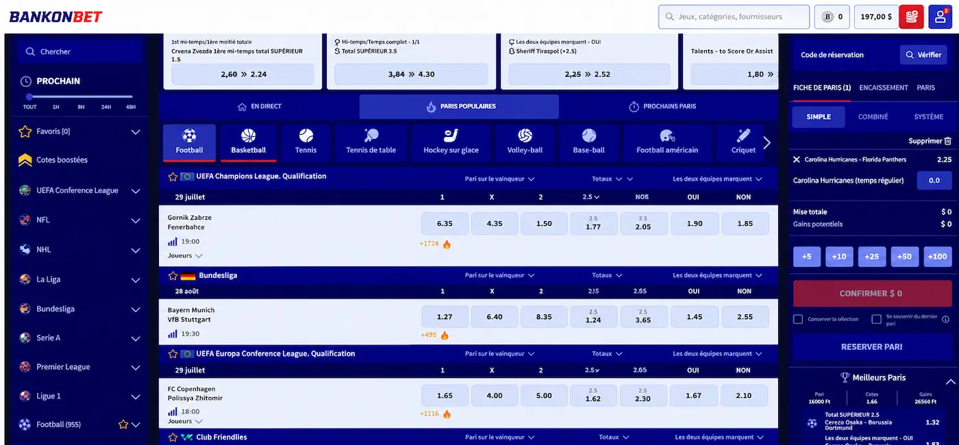 Capture d'écran du site Bankonbet Sports qui montre les marchés soccer