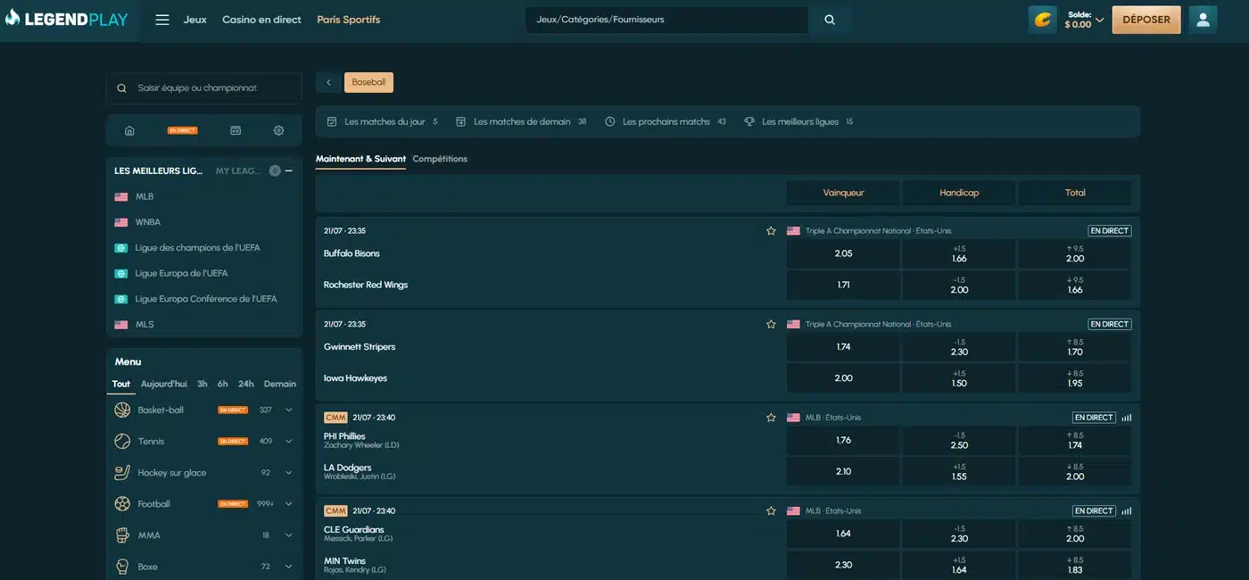 Interface LegendPlay affichant des matchs de baseball en direct et leurs cotes de paris sportifs