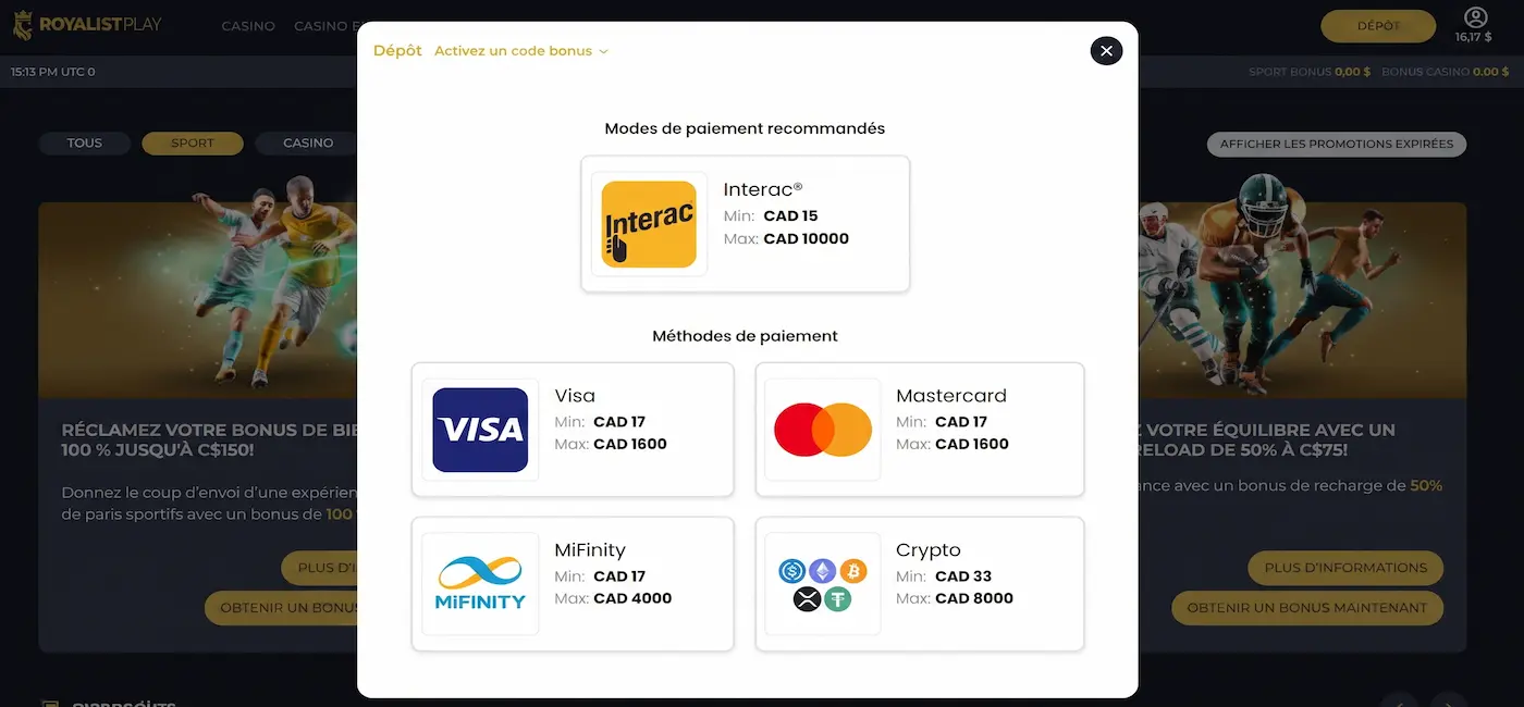 page des moyens de dépôt sur royalistplay