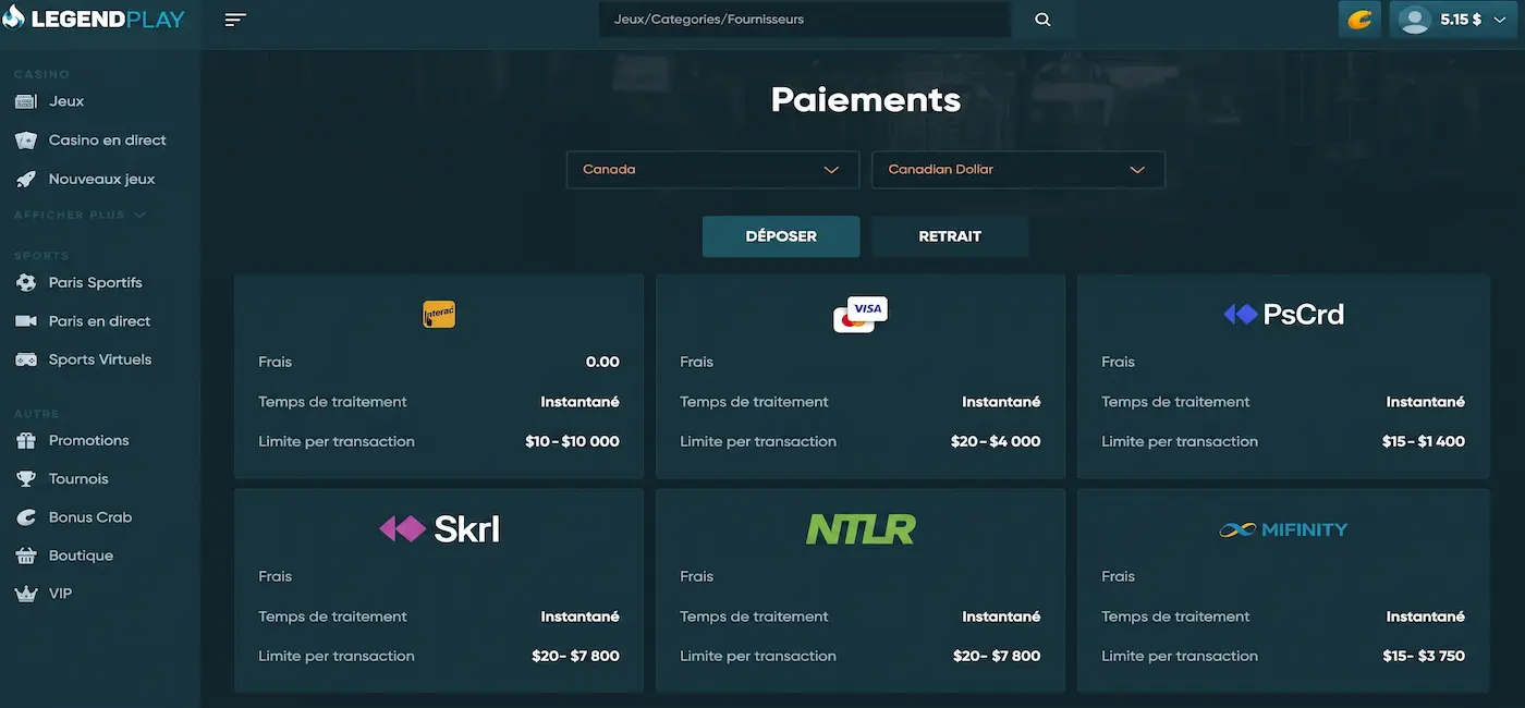 page de paiements sur legendplay