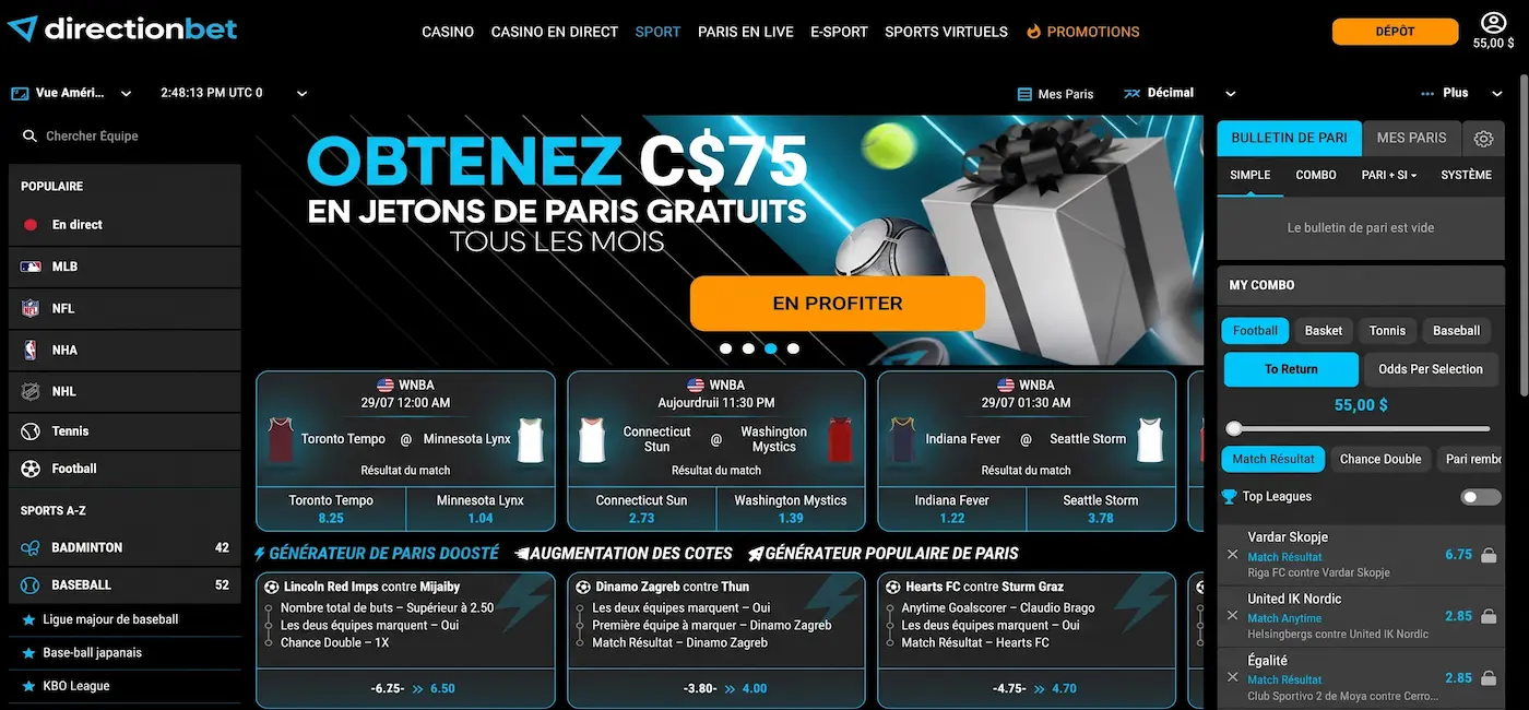 Page d'accueil sportive sur directionbet