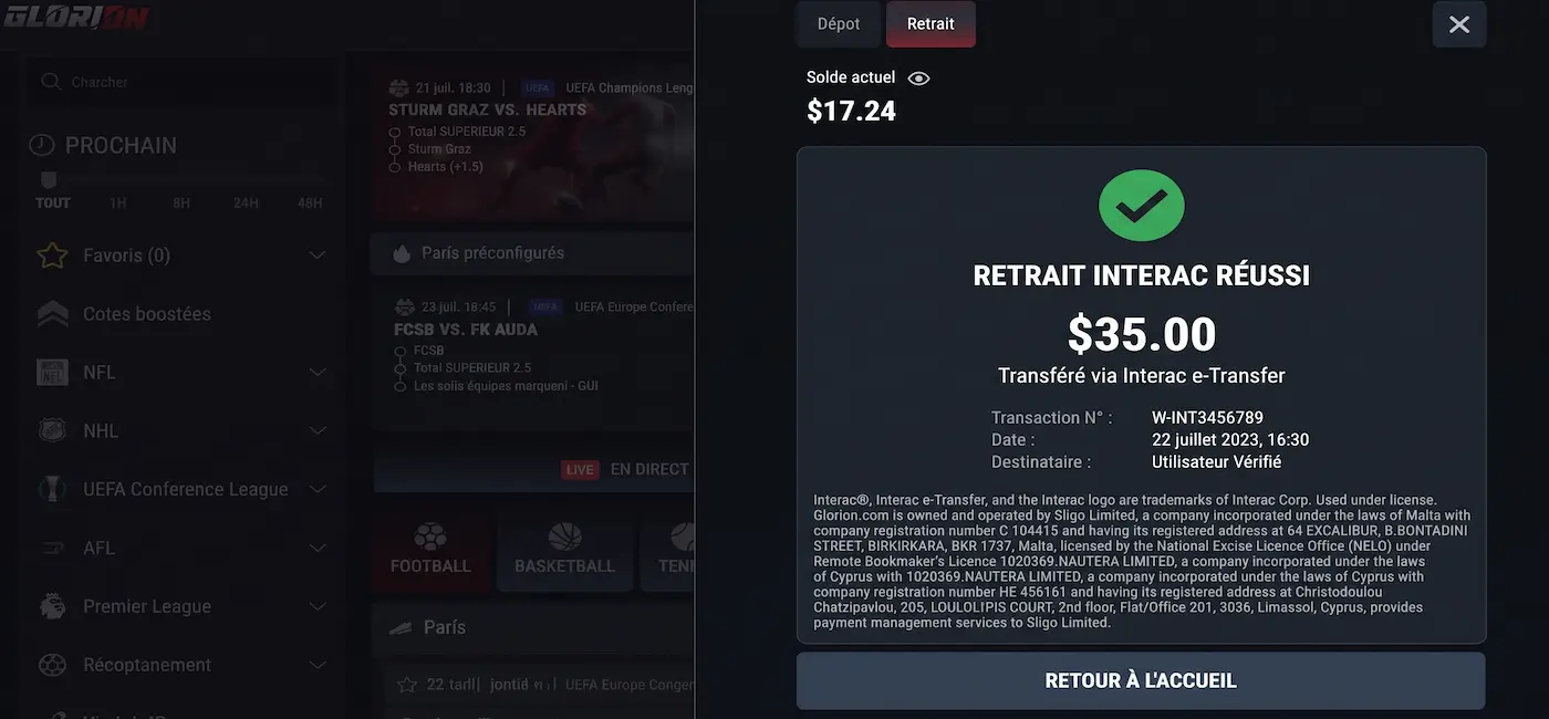 page de paiement, retrait de 35 $ via interac sur glorion