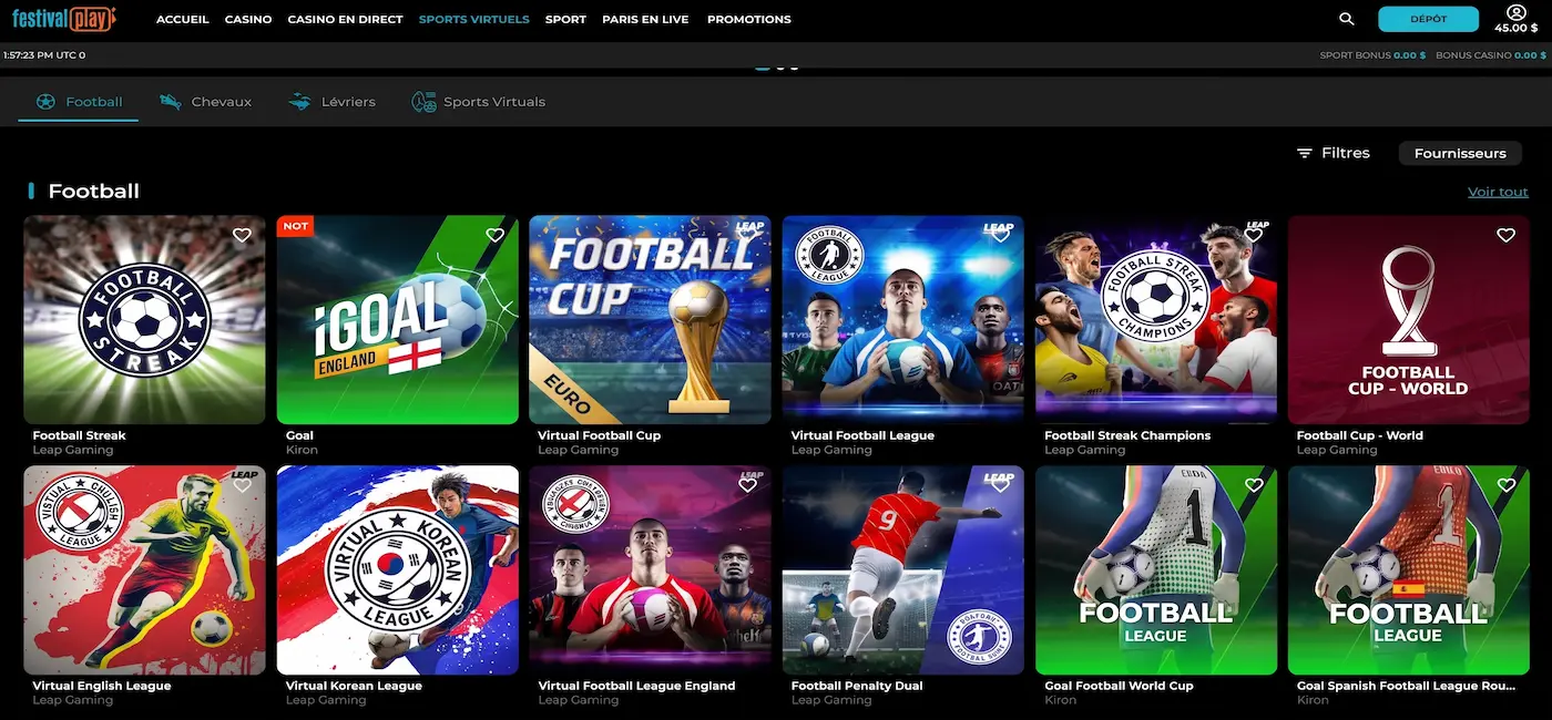 Page des sports virtuels sur festivalplay