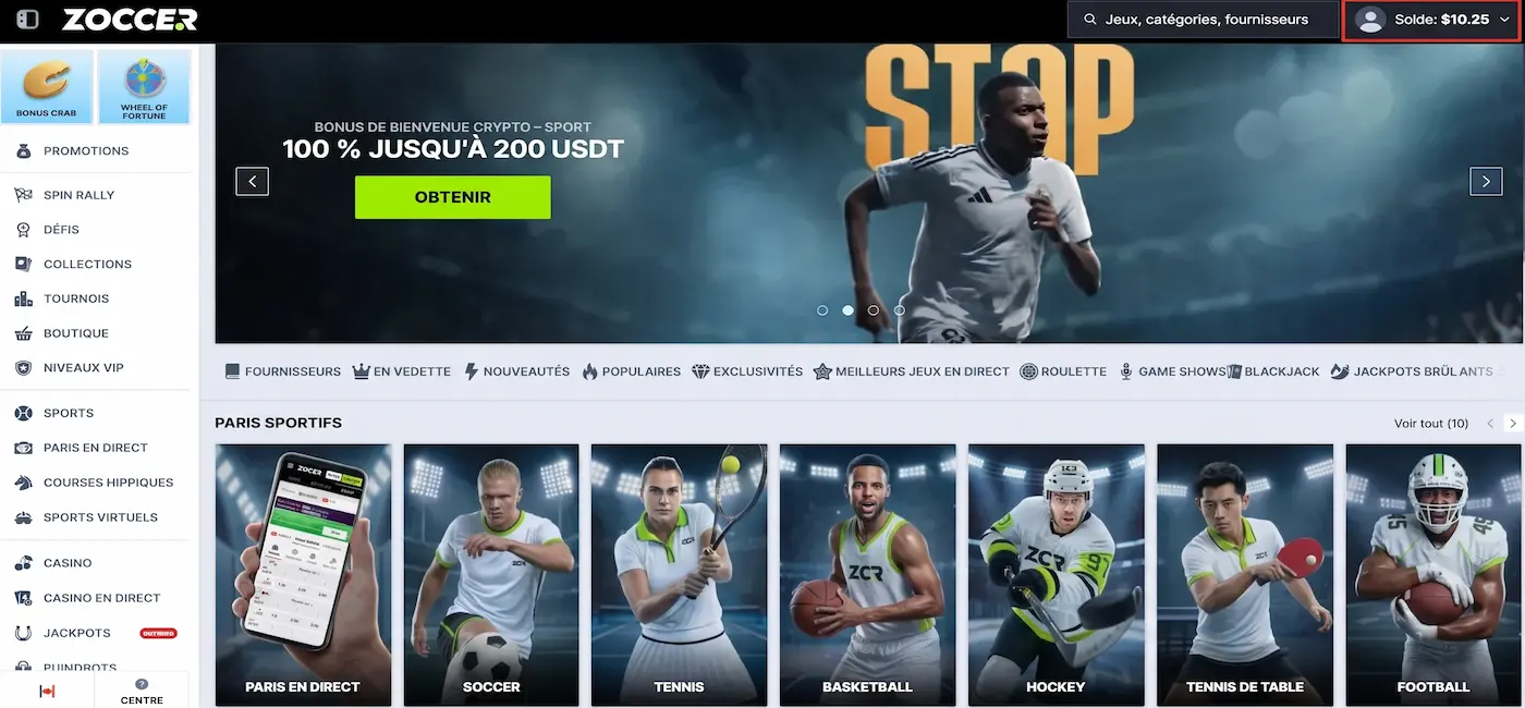 page d'accueil de zoccer sport bonus de bienvenue crypto différents sports disponibles