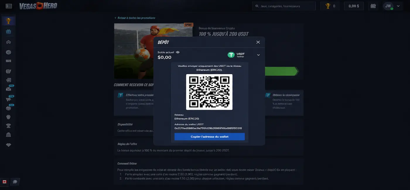 Fenêtre de dépôt Tether USDT sur Vegas Hero Sport avec QR code, adresse du portefeuille USDT.