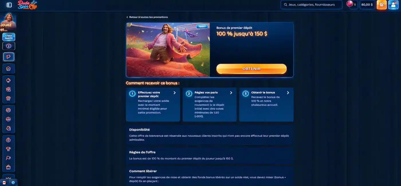 Page de promotion du bonus de bienvenue de DudeSpin Sport affichant une offre de 100 % jusqu'à 150 $ et les conditions d'obtention du bonus.